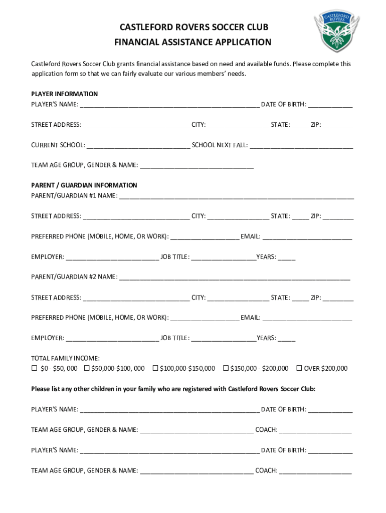 Fillable Online castleford rovers soccer club financial assistance
