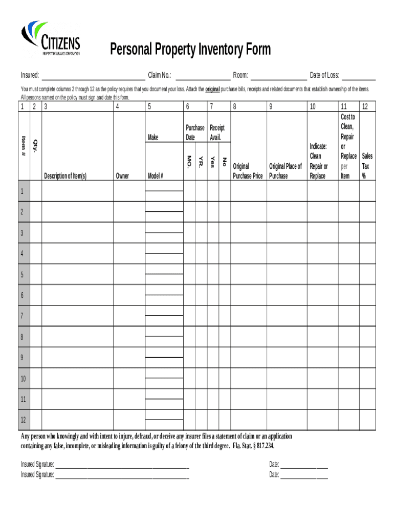 Personal Property Inventory Home Public Doc Template pdfFiller