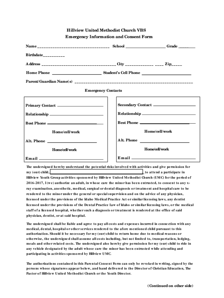 Fillable Online Hillview United Methodist Church VBS Fax Email Print