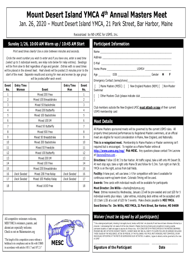 Fillable Online PDF Mount Desert Island YMCA 4th Annual Masters Meet