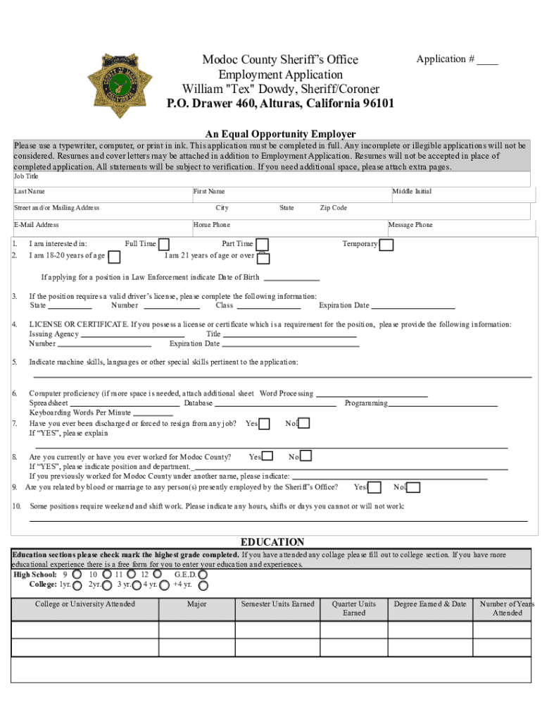Fillable Online Modoc County Sheriffs Office Application Employment