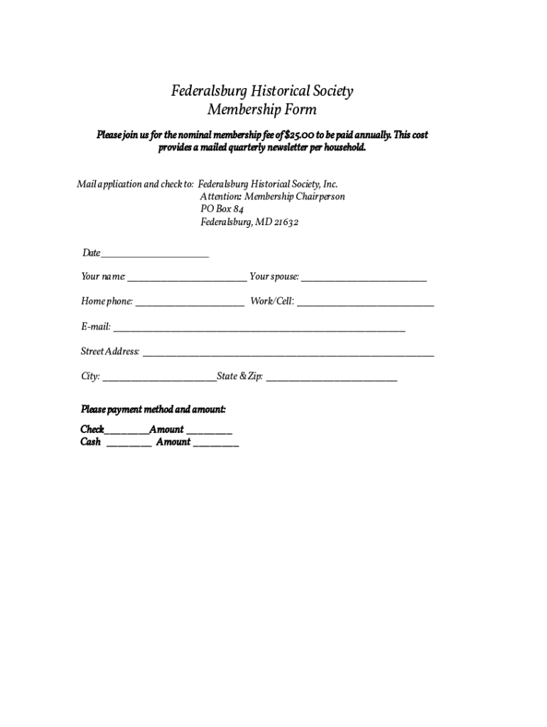 Fillable Online Federalsburg Historical Society Membership Form Fax