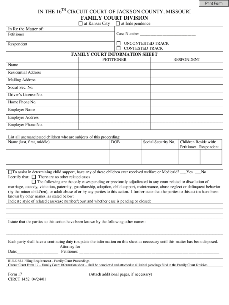 Fillable Online form17 Family Court Information Sheet revised