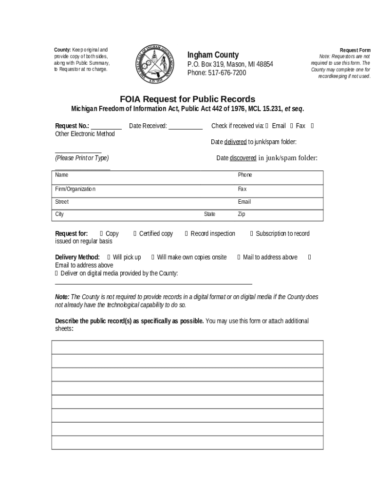 Ingham County FOIA Request for Public Records Doc Template pdfFiller