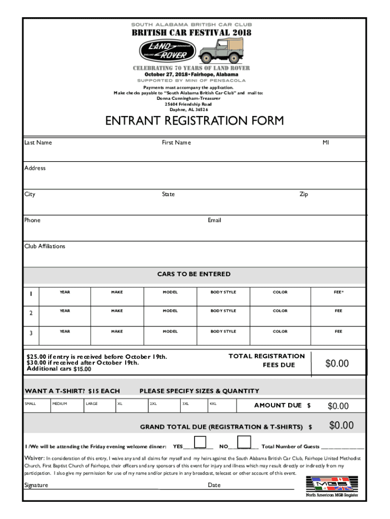 Fillable Online ENTRANT REGISTRATION FORM Gear Jammers Car Club of