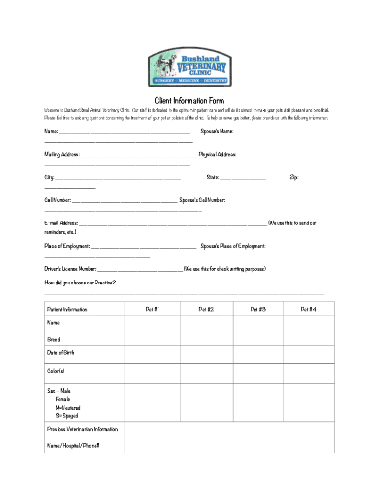 Fillable Online Client Information Form (1) Bushland Small Animal