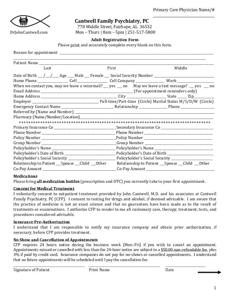 Fillable Online Cantwell Family Psychiatry, PC 770 Fax Email Print