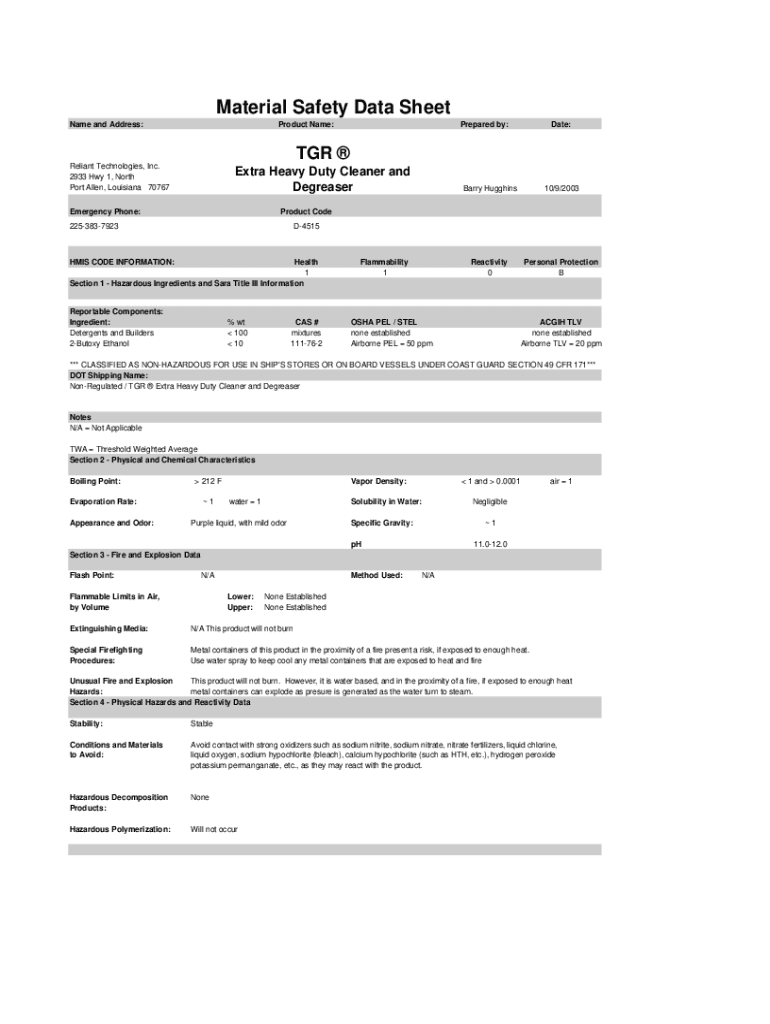 Fillable Online TGR Extra Heavy Duty Cleaner and Degreaser MSDS form