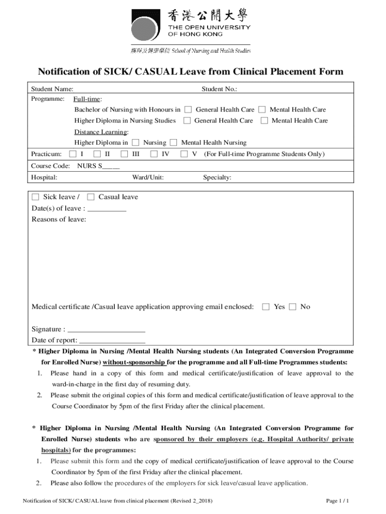 Fillable Online Notification of SICK/ CASUAL Leave from Clinical