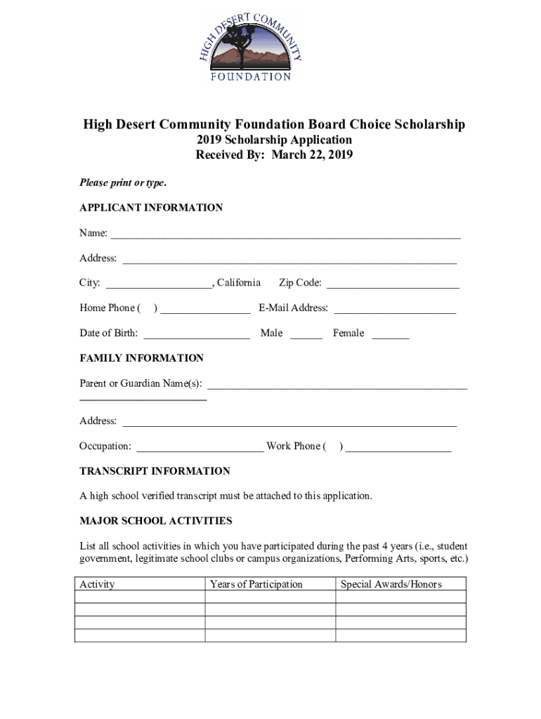 Fillable Online High Desert Community Foundation Board Choice