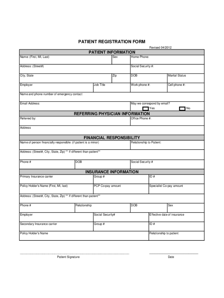 Fillable Online Patient Registration Form Primary Insurance Information