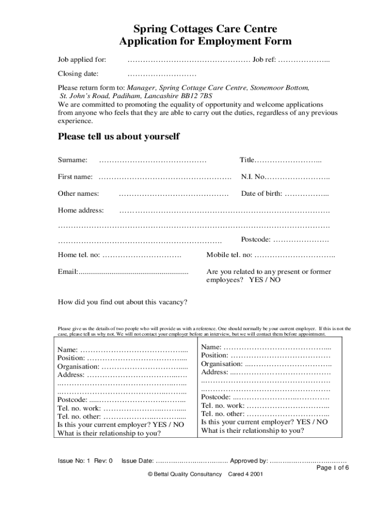 Fillable Online APPLICATION FOR EMPLOYMENT Elder Care Cottages Fax