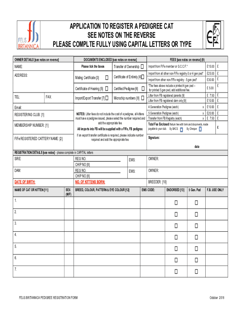 Fillable Online Pedigree Cat Registration Form (Word) StudyLib Fax