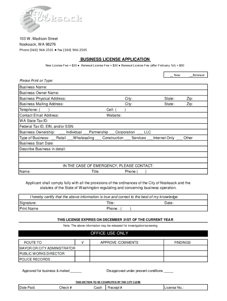 Fillable Online Nooksack City Hall 103 W Madison St Nooksack, WA Post