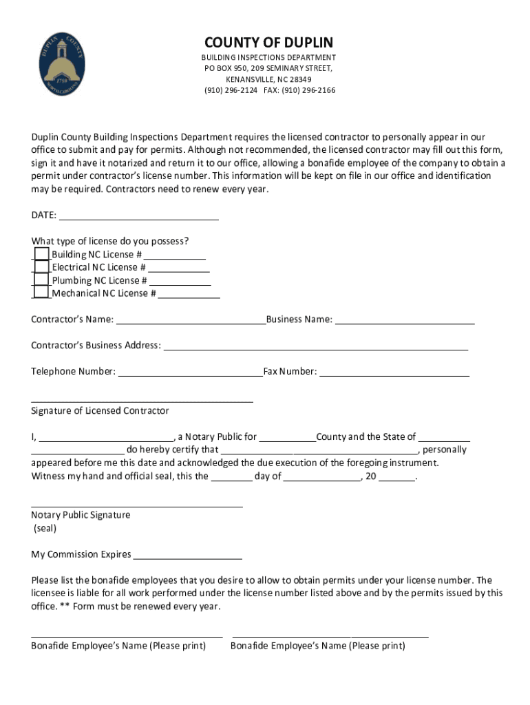 Fillable Online APPLICATION FOR BUILDING PERMIT Duplin County NC Fax