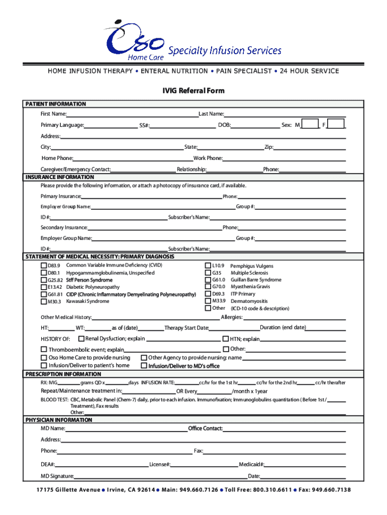 Fillable Online IVIG Referral Fillable Form Fax Email Print pdfFiller