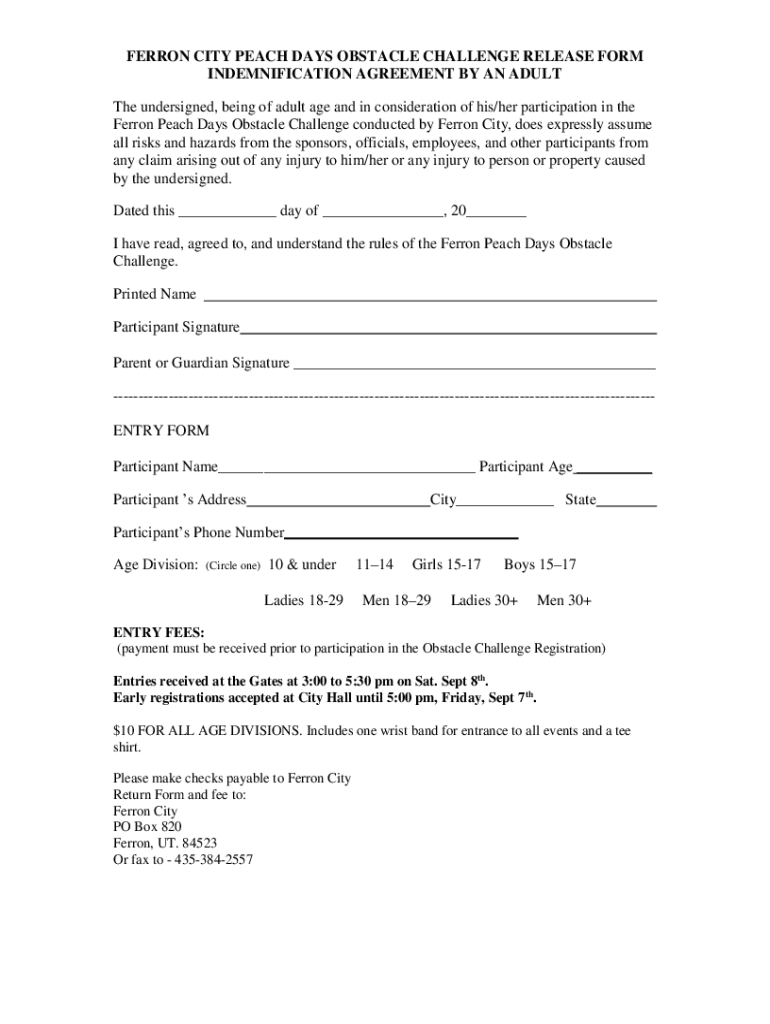 Fillable Online FERRON CITY PEACH DAYS OBSTACLE CHALLENGE RELEASE FORM
