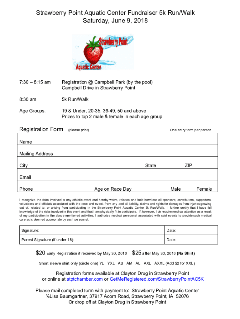 Fillable Online Strawberry Point Aquatic Center Fundraiser 5k Run/Walk