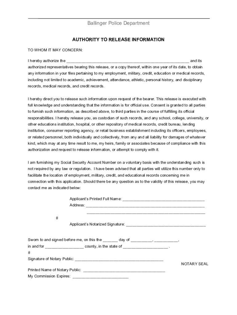 Fillable Online ARGYLE POLICE DEPARTMENT AUTHORITY TO RELEASE