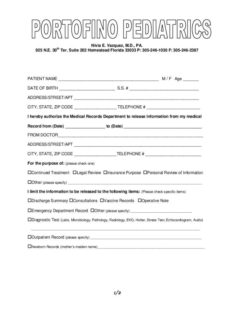 Fillable Online Medical Record Release form Nivia EVazquez