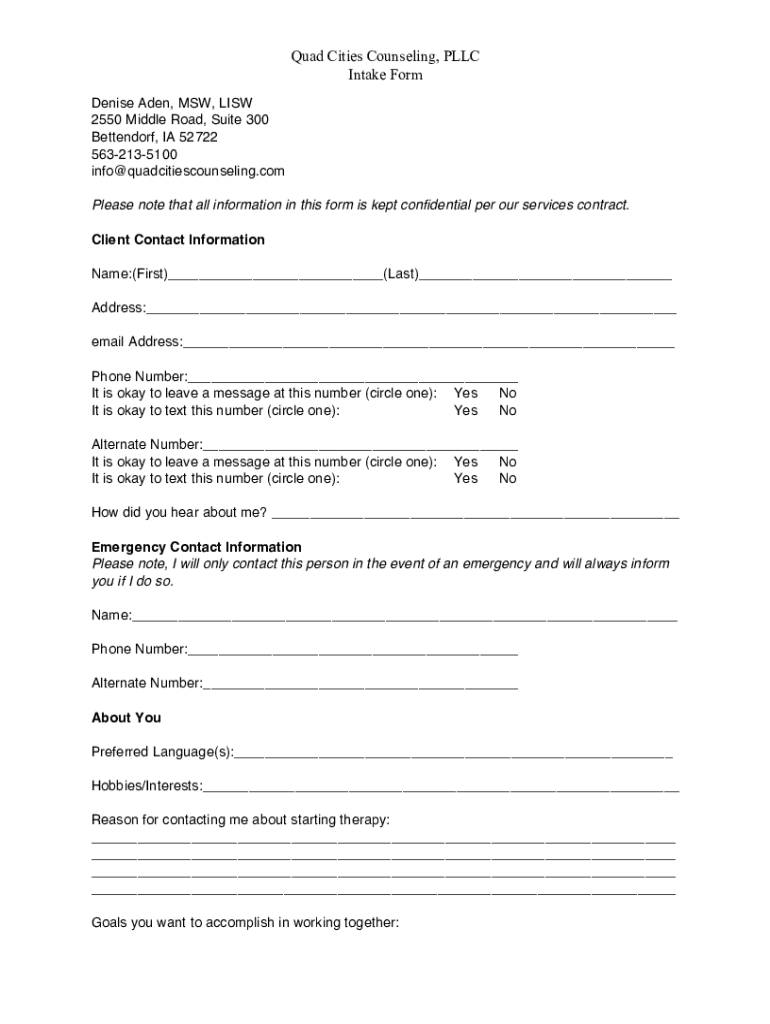 Fillable Online Quad Cities Counseling, PLLC Intake Form Bettendorf