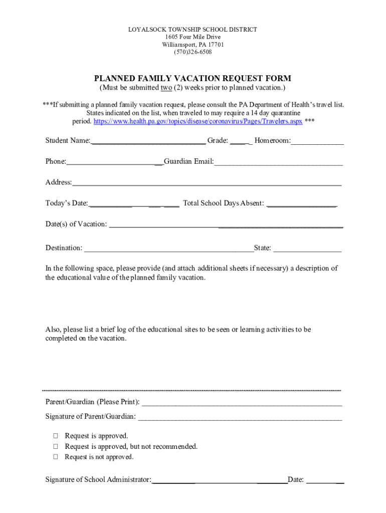 Fillable Online PlannedFamilyVacationRequestForm Fax Email Print