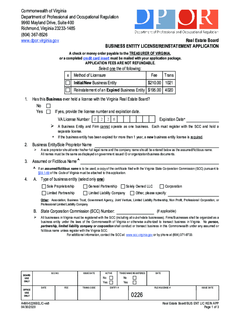 Fillable Online A4900226BELIC Real Estate BUSINESS ENTITY LICENSE