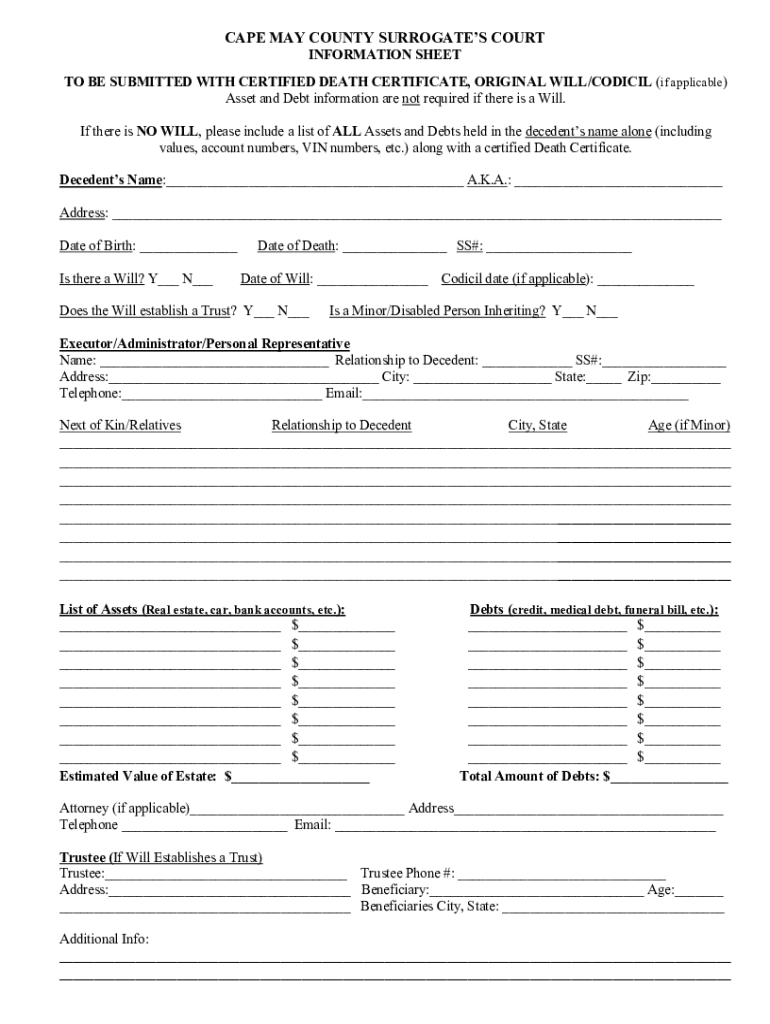 Fillable Online Fillable CAPE MAY COUNTY SURROGATES COURT INFORMATION
