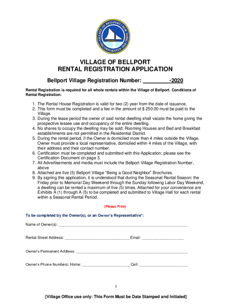 Fillable Online VILLAGE OF BELLPORT RENTAL REGISTRATION APPLICATION Fax