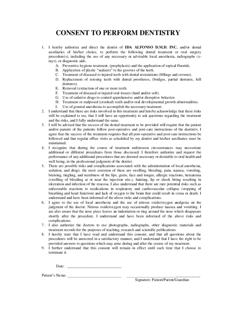 Fillable Online Informed Consent/Refusal American Dental AssociationFree Dental (Patient