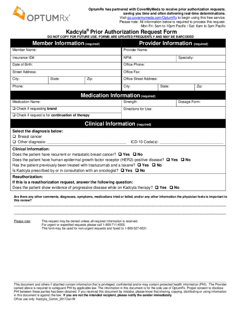 Fillable Online Kadcyla Prior Authorization Request Form Fax Email