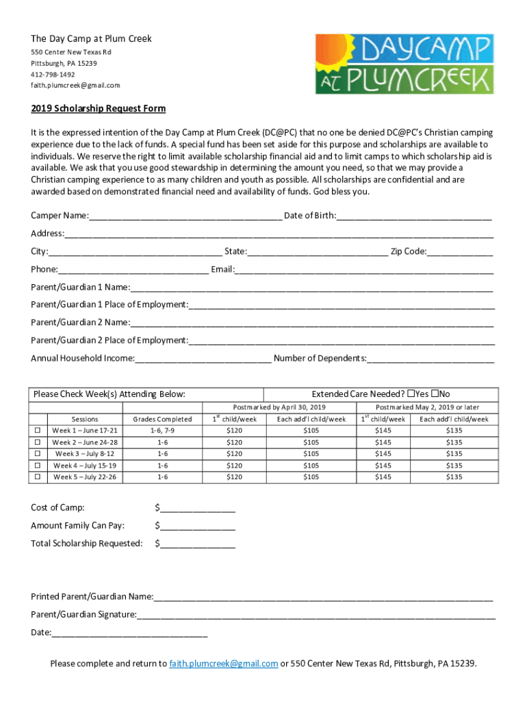 Fillable Online Day Camp At Plum Creek 550 Center New Texas Rd Pittsburgh, PA Fax Email