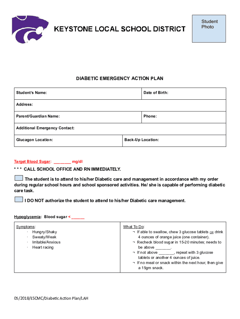 Fillable Online DIABETIC EMERGENCY ACTION PLAN Fax Email Print pdfFiller