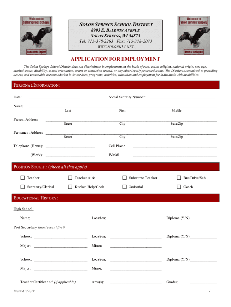 Fillable Online SOLON SPRINGS SCHOOL DISTRICT Fax Email Print pdfFiller