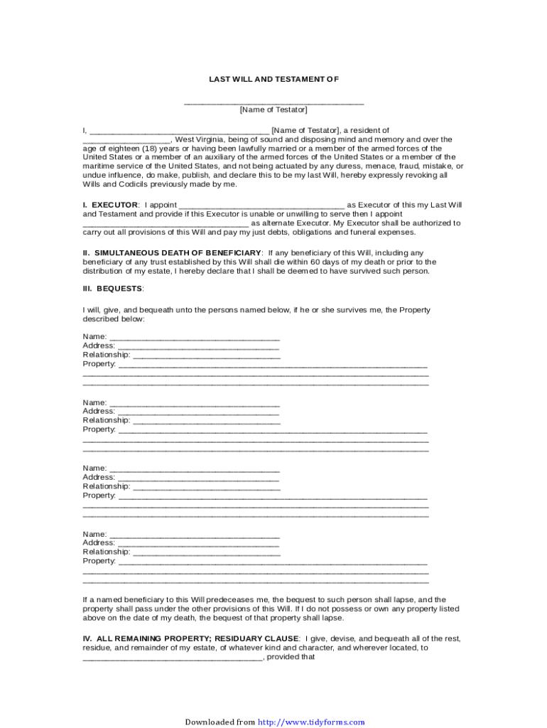 Fillable Online West Virginia Last Will and Testament Form Fax Email