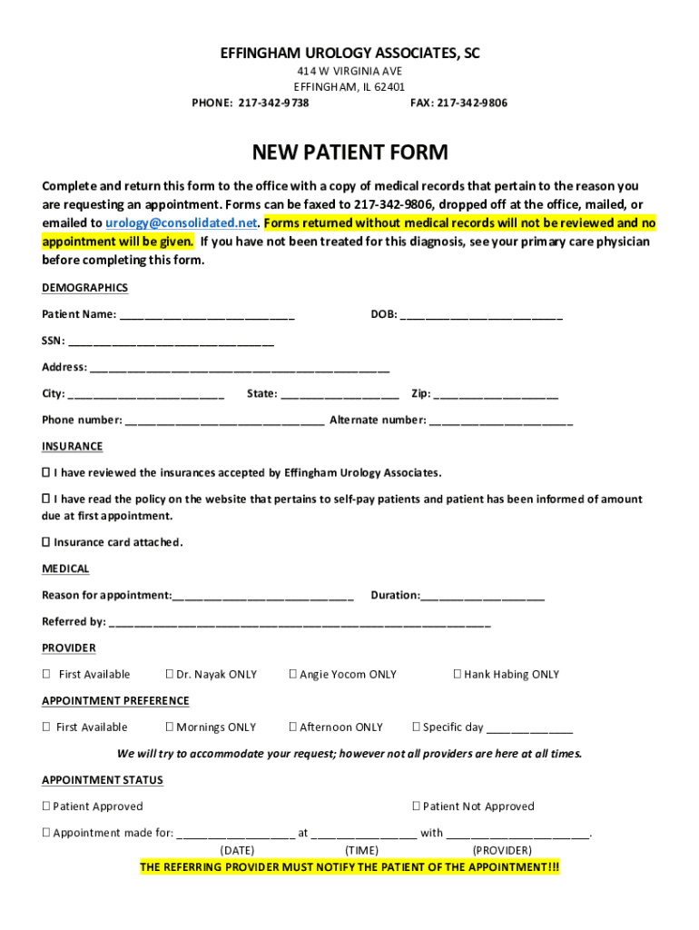 Fillable Online Effingham Urology Associates, S.C. Fax Email Print