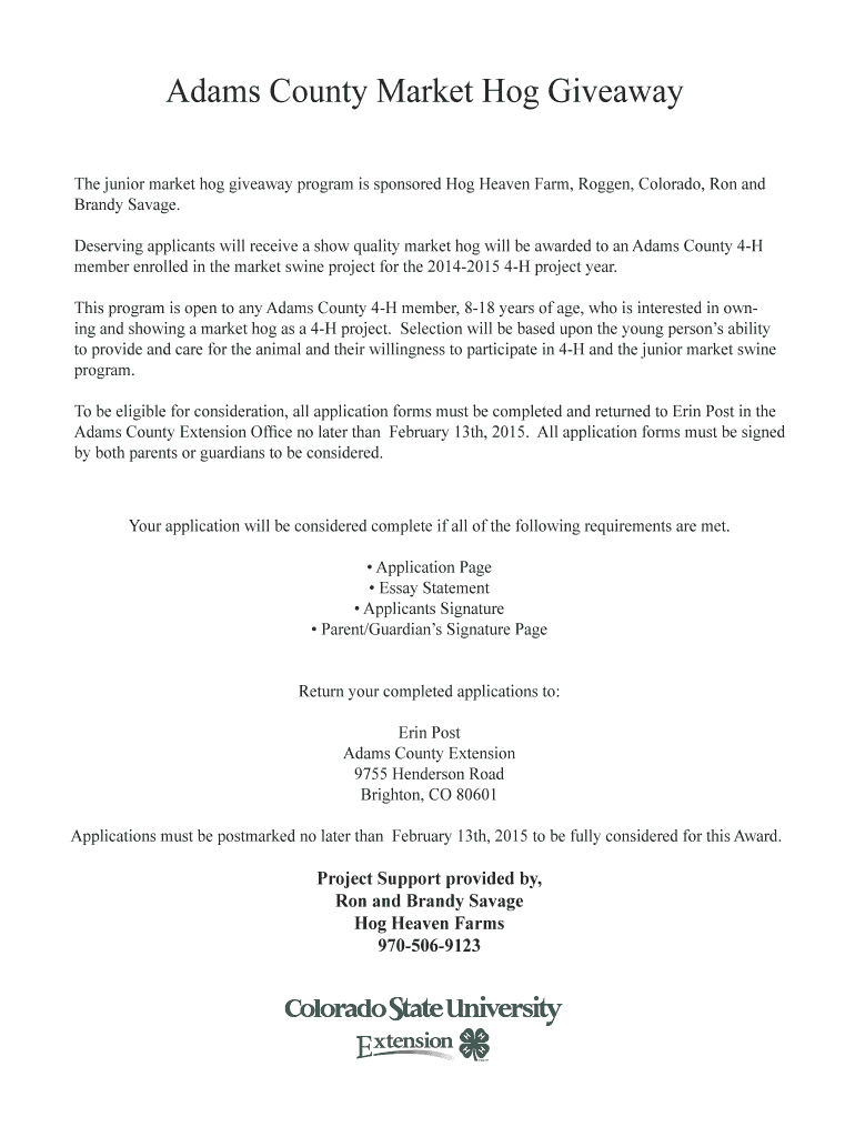 Fillable Online colostate The junior market hog giveaway program is