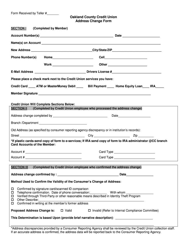 Fillable Online Oakland County Credit Union Address Change Form Fax