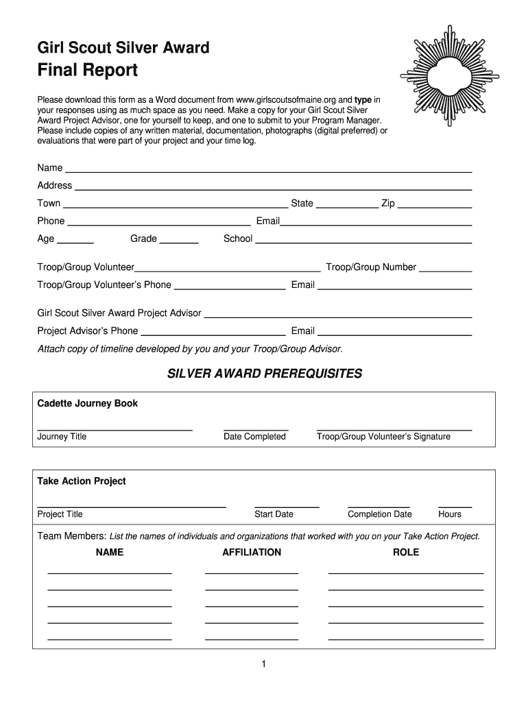 Fillable Online Silver Award Final Report Girl Scouts of Maine Fax