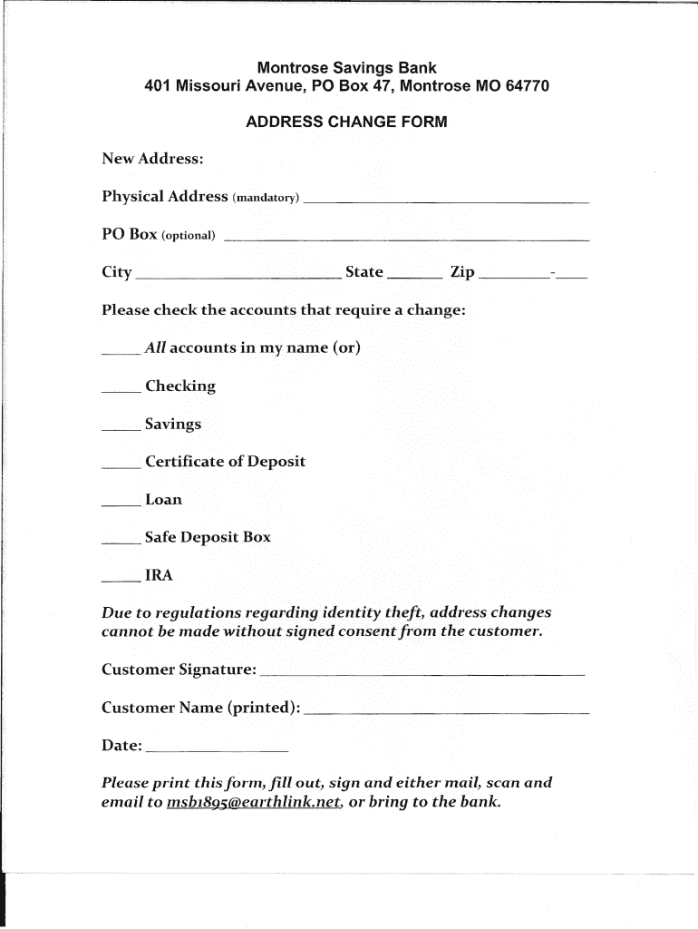 Fillable Online Address Change Form Montrose Savings Bank Fax Email