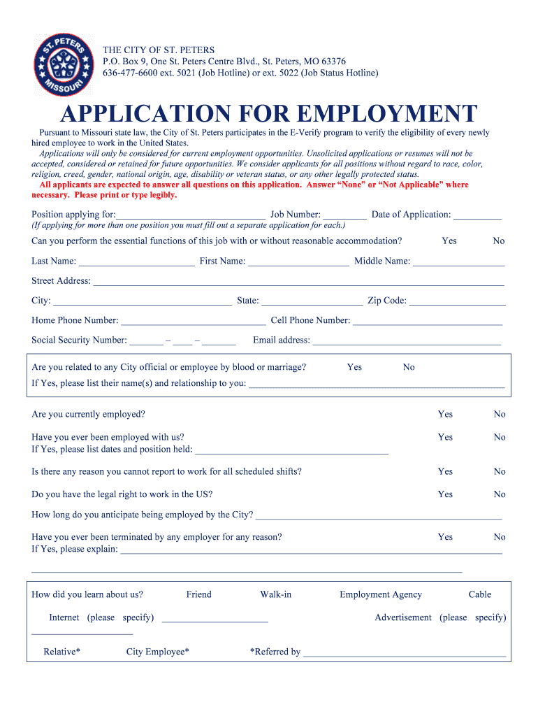 Fillable Online stpetersmo APPLICATION FOR EMPLOYMENT City of St. Peters, Missouri Fax Email