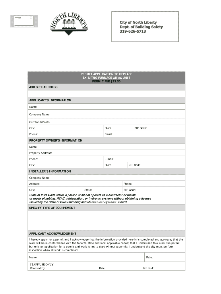 Fillable Online northlibertyiowa PERMIT APPLICATION TO REPLACE EXISITNG