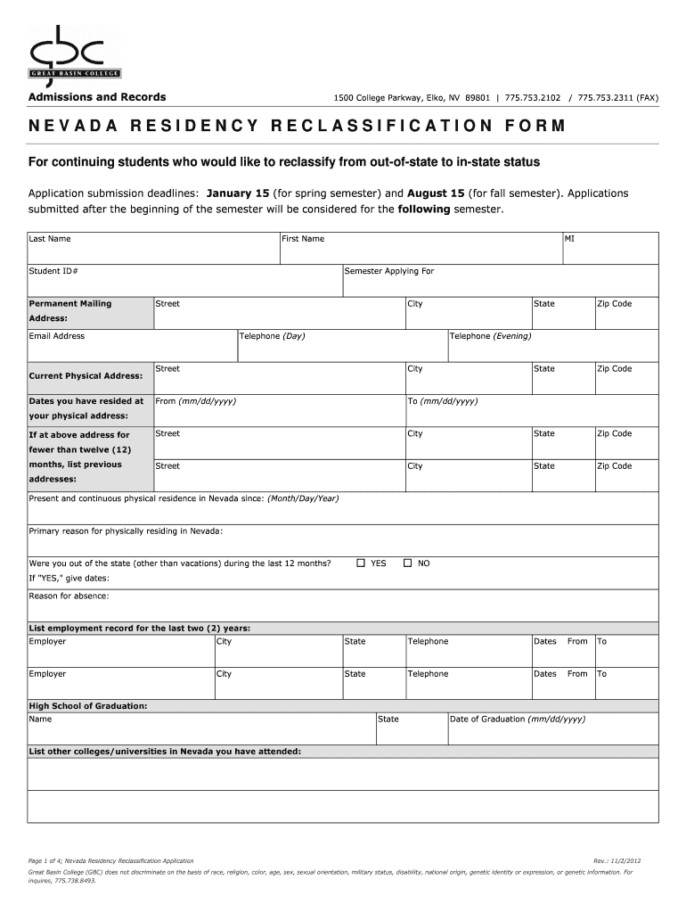 Fillable Online dev gbcnv Nevada Residency Reclassification Form