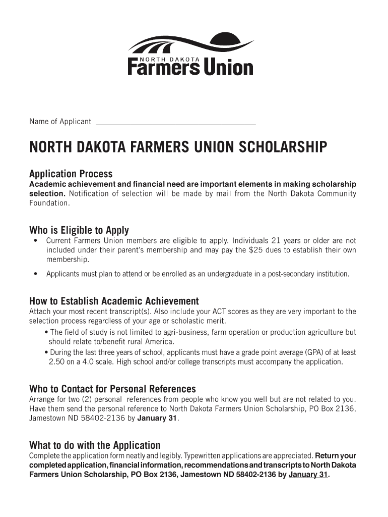 Fillable Online napoleon k12 nd NORTH DAKOTA FARMERS UNION SCHOLARSHIP
