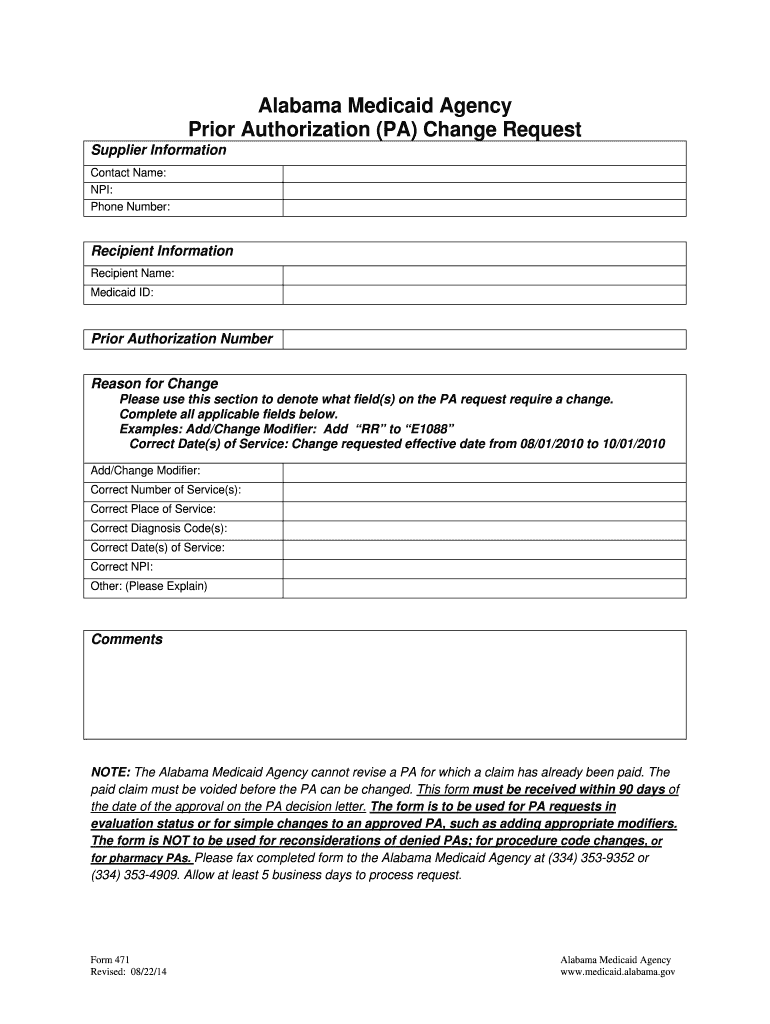 Fillable Online medicaid alabama P A Change Request REV 8 22 14