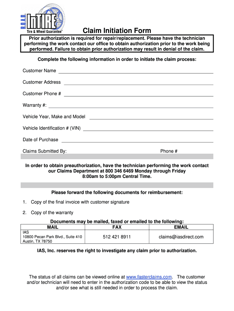 Fillable Online Tire & Wheel Claim Form IAS Fax Email Print pdfFiller
