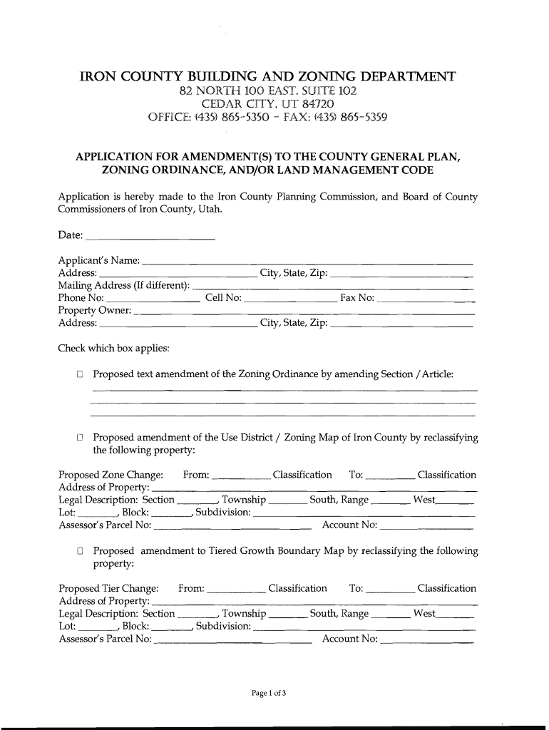Fillable Online Amendment to General Plan Or Zoning Application Iron