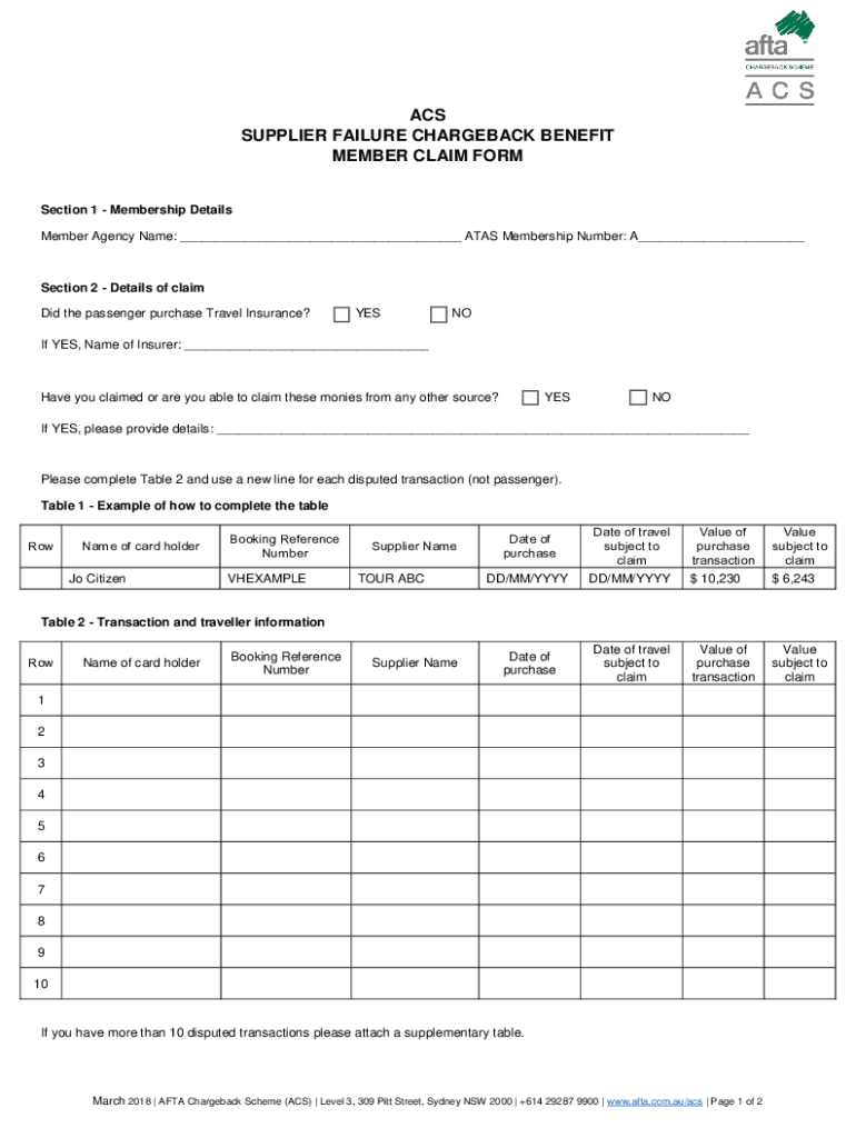 Fillable Online ACS SUPPLIER FAILURE CHARGEBACK BENEFIT MEMBER CLAIM