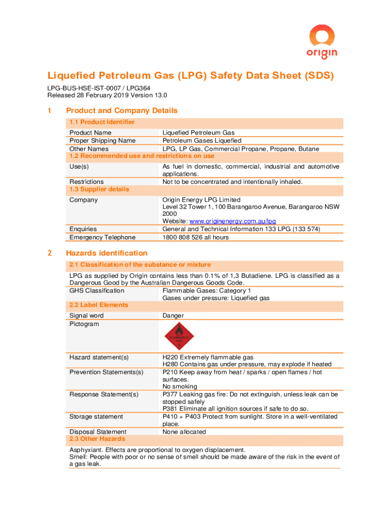 Fillable Online Liquefied Petroleum Gas (LPG) Safety Data Sheet (SDS