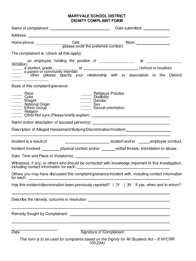 Fillable Online MARYVALE SCHOOL DISTRICT DIGNITY COMPLAINT FORM Fax